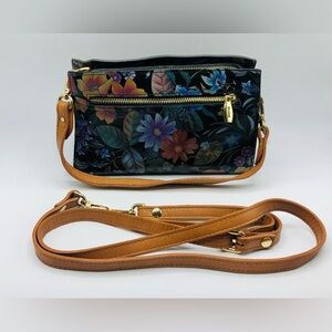 Valentina Crossbody Shoulder Bag Purse Black Floral Pebble Leather Made in Italy